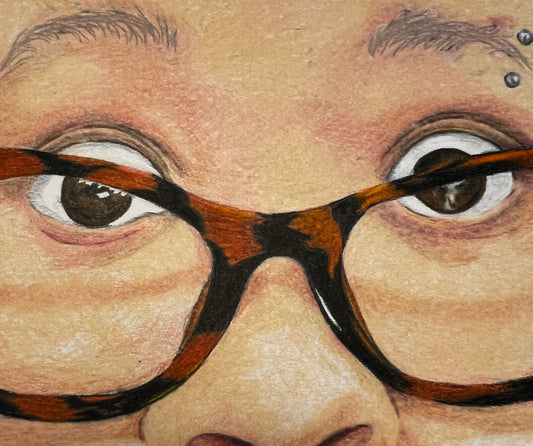 colored pencil illustration of suprised, big eyed girl wearing glasses