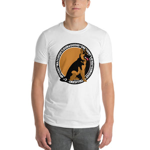 white German shepherd t-shirt on model